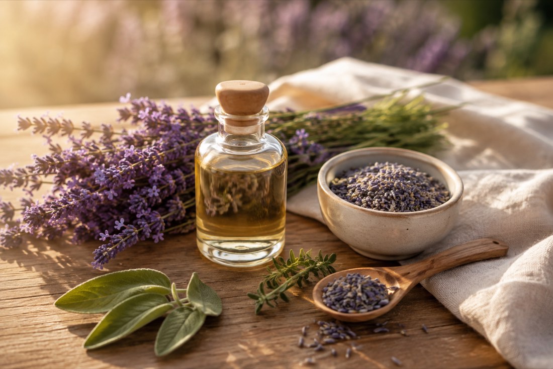 Lavanta yağı şişesi, kurutulmuş lavanta ve doğal bitkiler