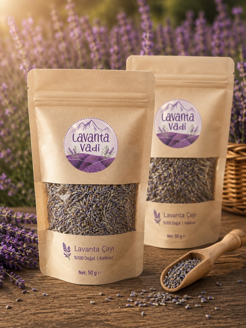 Lavanta tarlasında Lavanta Vadi lavanta çayı paketleri, 50 g