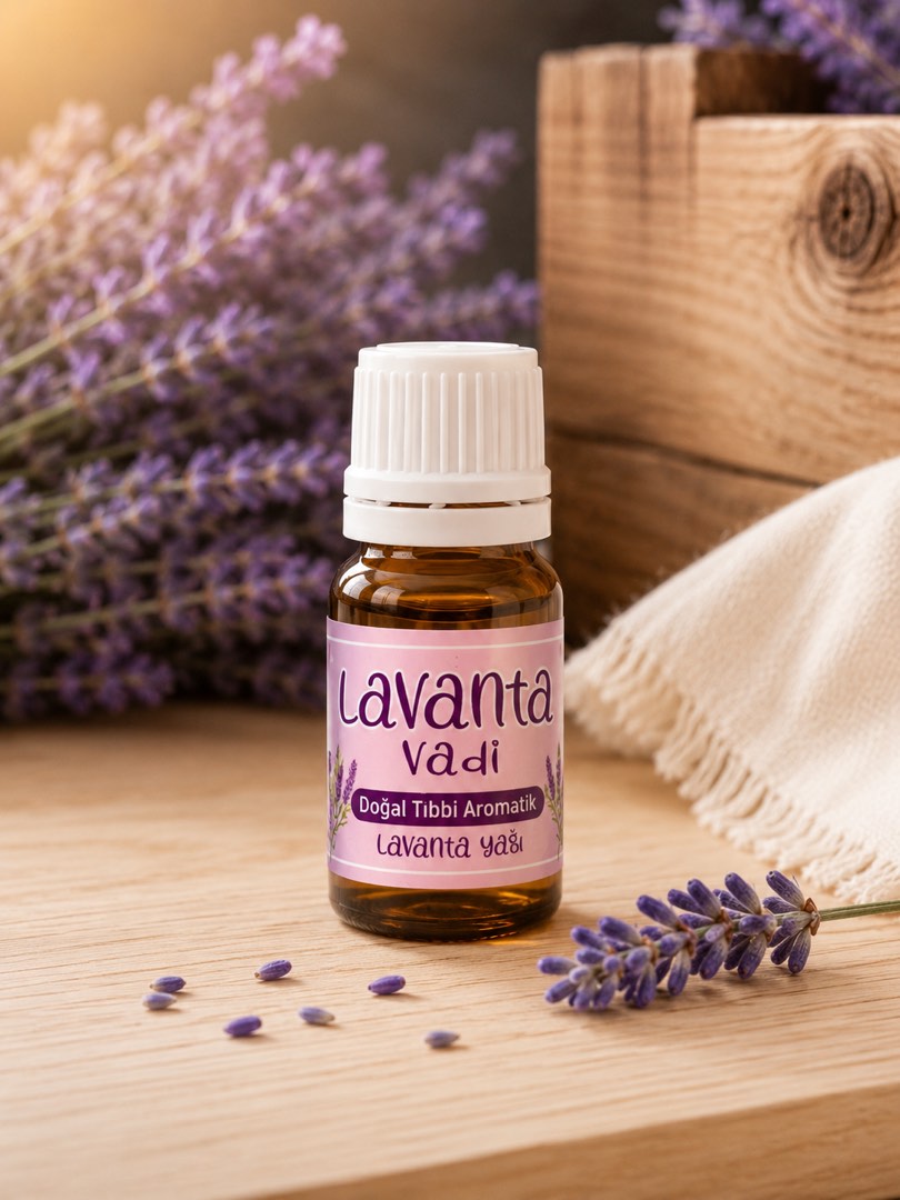 Ahşap zeminde Lavanta Vadi doğal tıbbi aromatik lavanta yağı şişesi